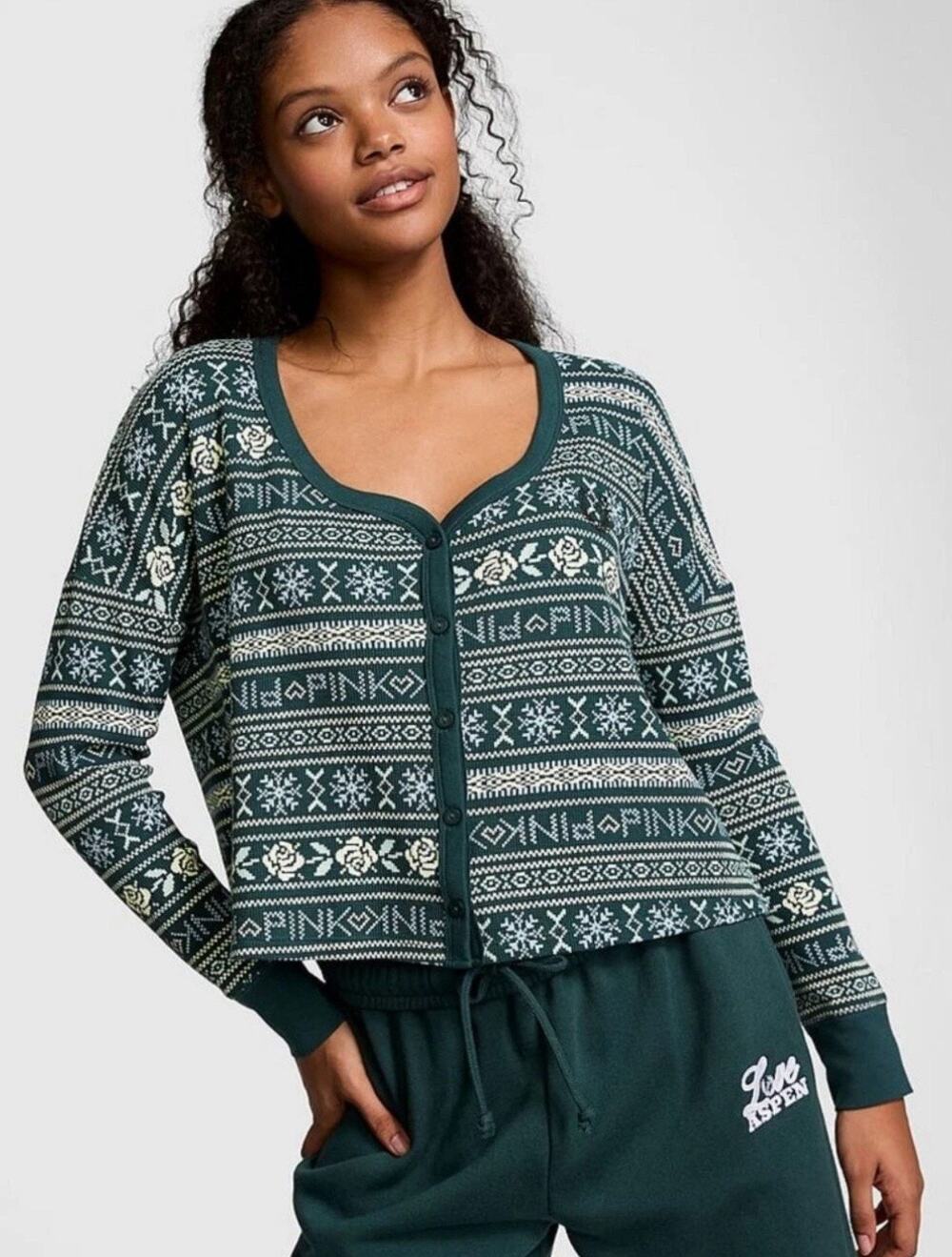 Victoria's Secret PINK Green Fair Isle Thermal Boxy Cardigan Plus Size XXL NWT